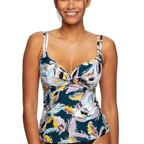 Birdsong Size 32I Bare Necessities Palm Print Underwire Wrap Tankini Swim Top - Picture 1 of 14
